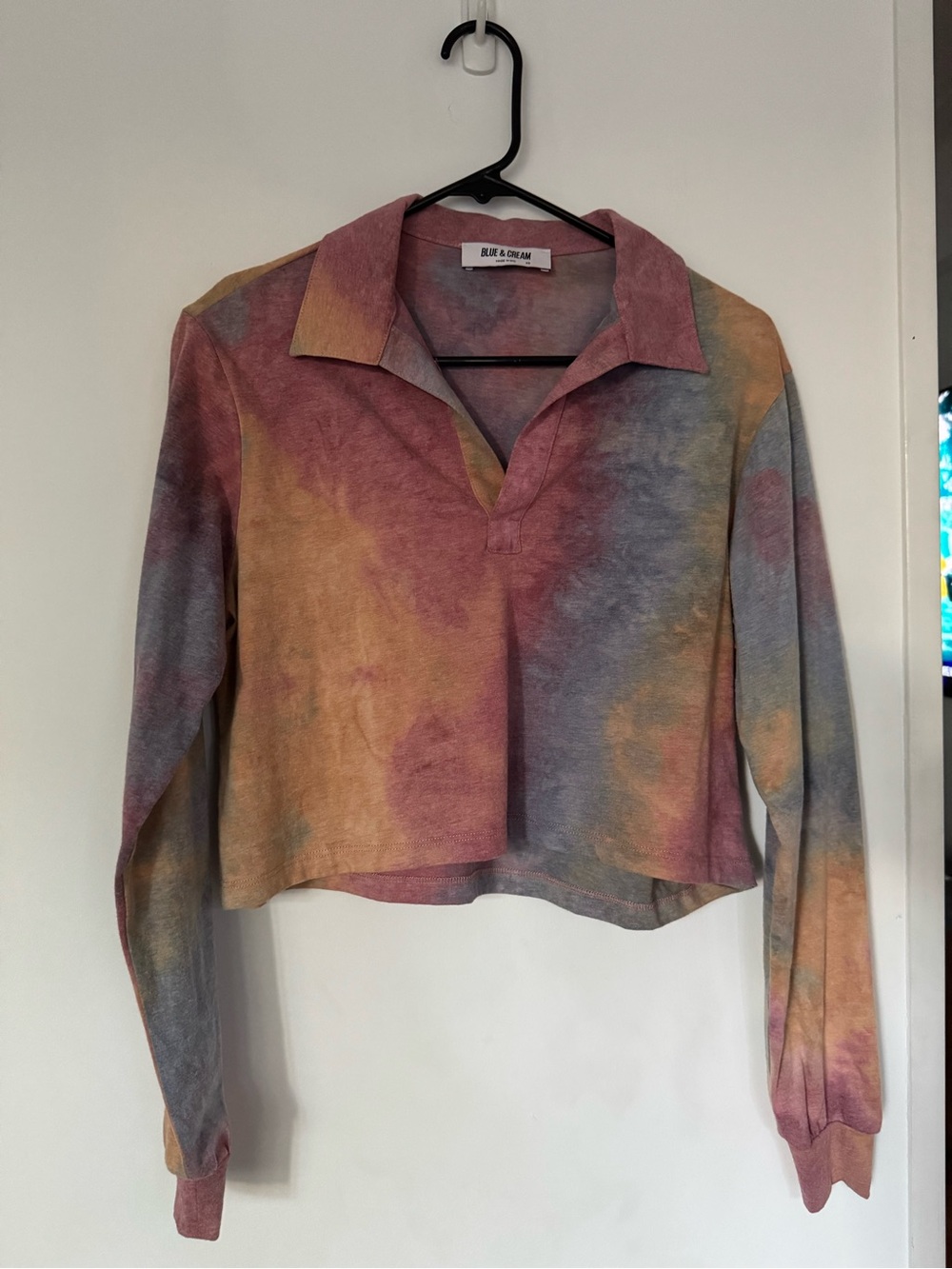 Blue & Cream Multicolor Tie-Dye Collared Long Sleeve Top - Pink, Blue, Yellow